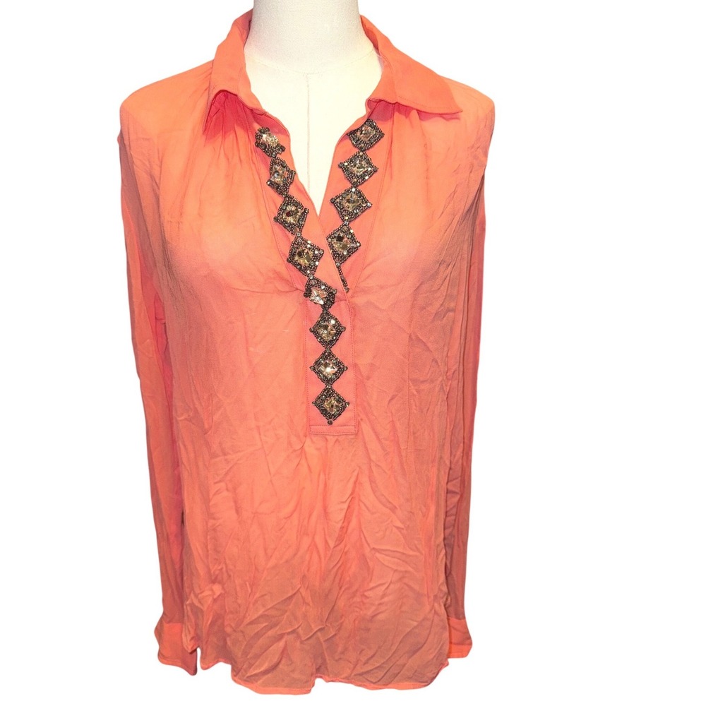 Fifteen Twenty Salmon Beaded Placket Blouse Rayon Long Sleeve Top Medium NEW
